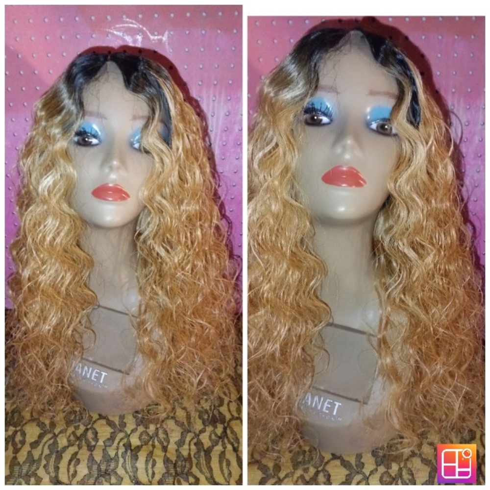 20" Ombre 1b/27 Honey Blonde Wavy Curly premium Human Blend Glueless Hair Wig